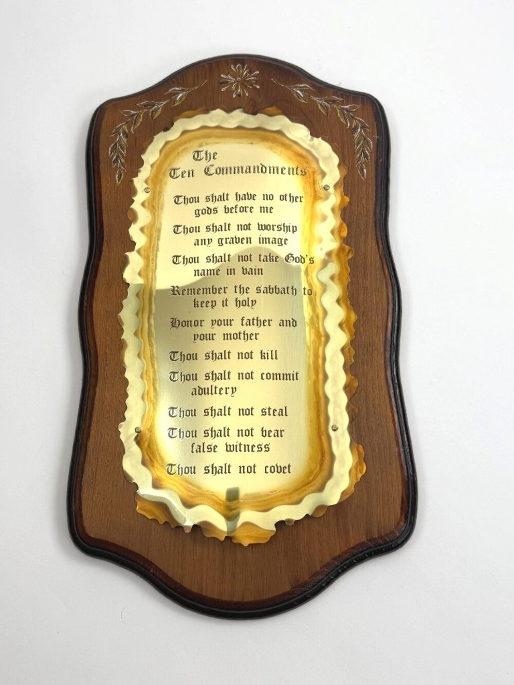 Vintage Ten Commandments Brass And Wood Wall Plaque Religious Decor 18" X 10.5"